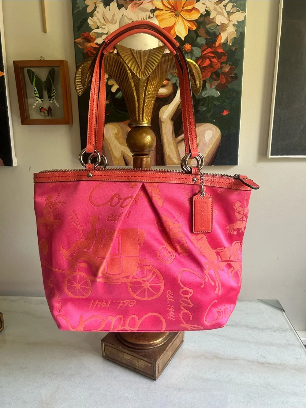 Coach Poppy Pink Op Art Horse & Carriage Jacquard Tote Shoulder Bag Coral
